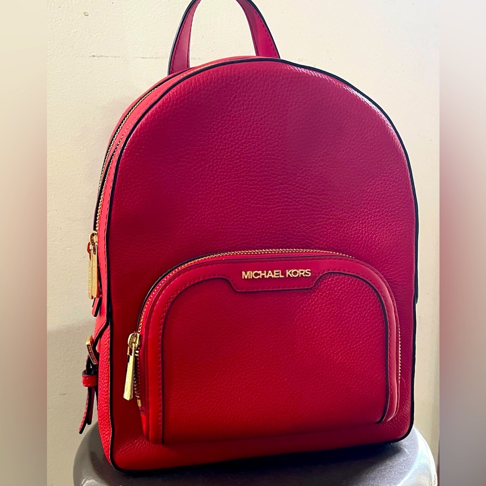Michael Kors Leather Backpack NWT Bright Red with gold zippers, 5x9.5x12.